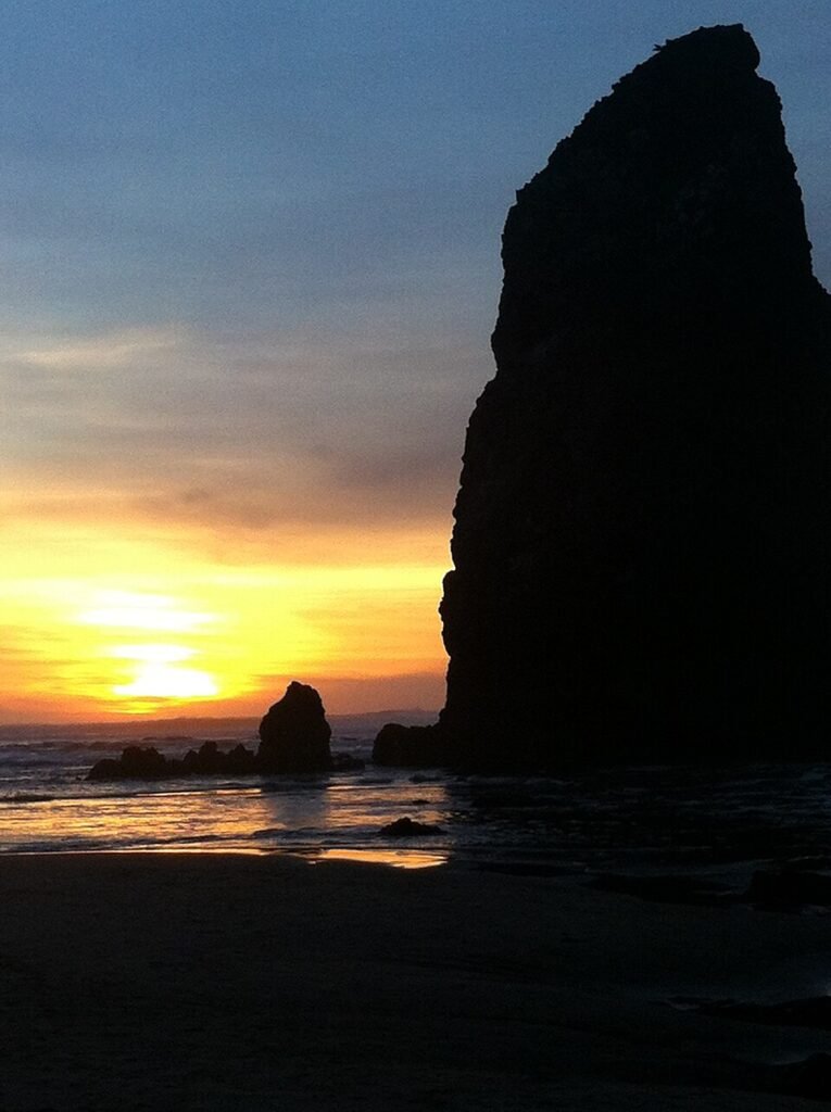 Haystack Rock at sunset in Cannon Beach, Oregon