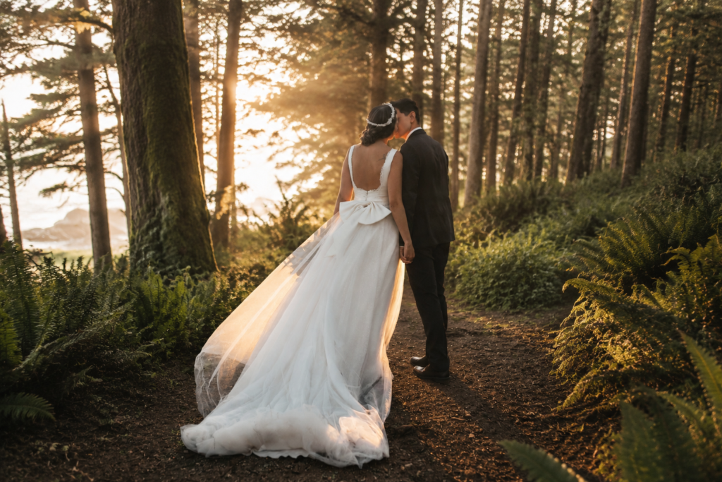 Oregon Coast wedding couple and coastal wedding scenery