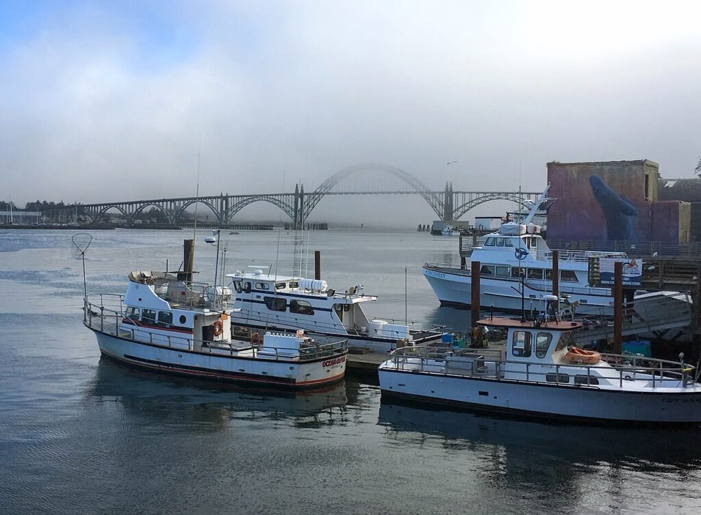 Foggy Newport harbor and the Yaquina Bay Bridge