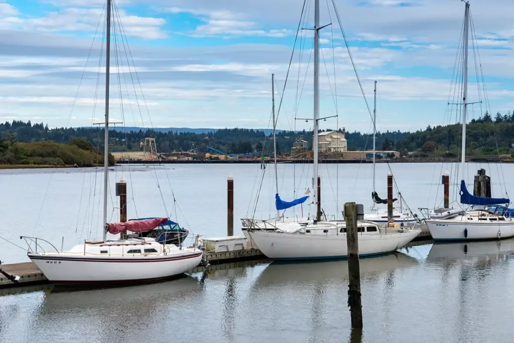 Boats along the Coos Bay Boardwalk beside downtown Coos Bay