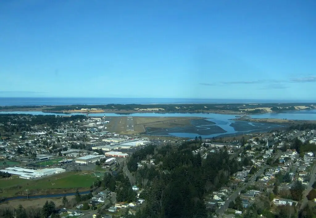 Aerial view of North Bend, Coos Bay and the Oregon Coast