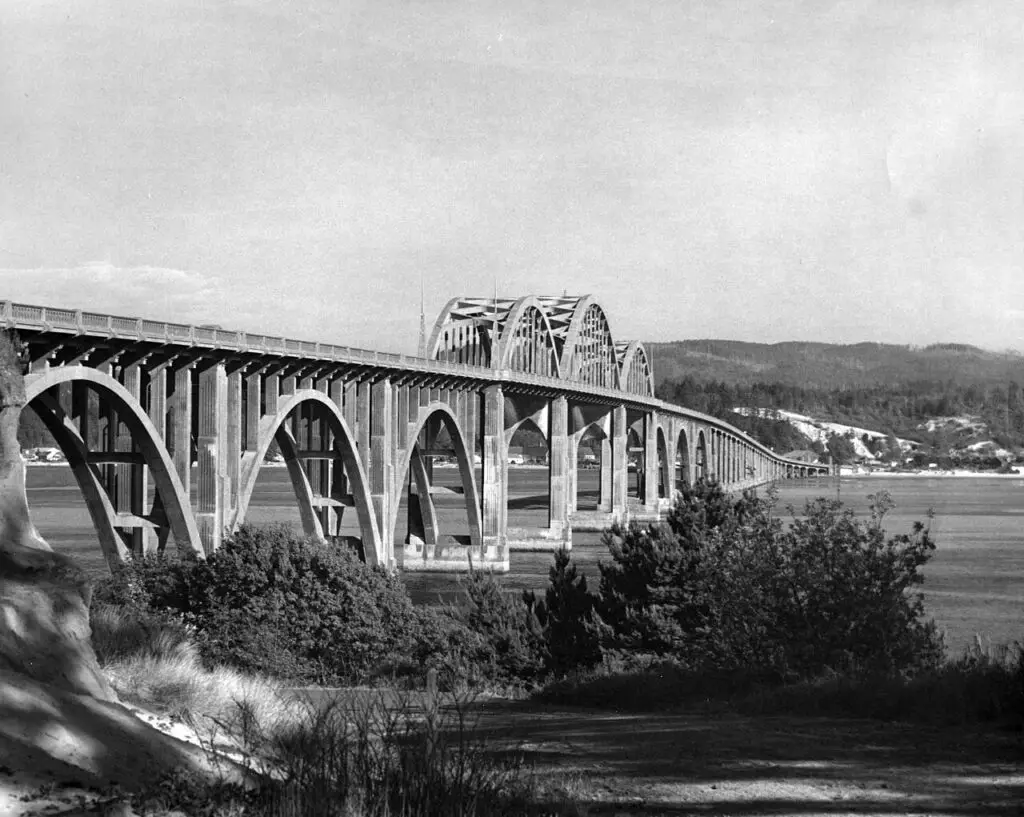 Historic Alsea Bay Bridge at Waldport, Oregon, photographed in 1954
