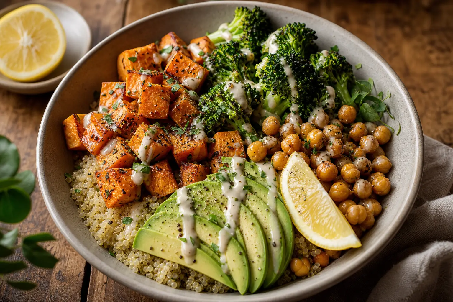 Vegan quinoa bowl with roasted sweet potato, broccoli, chickpeas, avocado, lemon, and tahini dressing